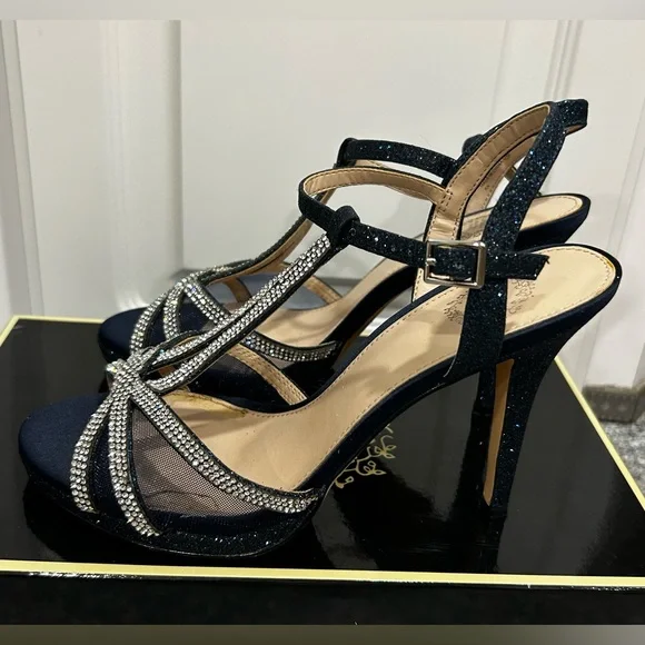 I. Miller Navy Rhinestone Heels Size 6 Wedding Party Ankle Strap - Picture 5 of 12